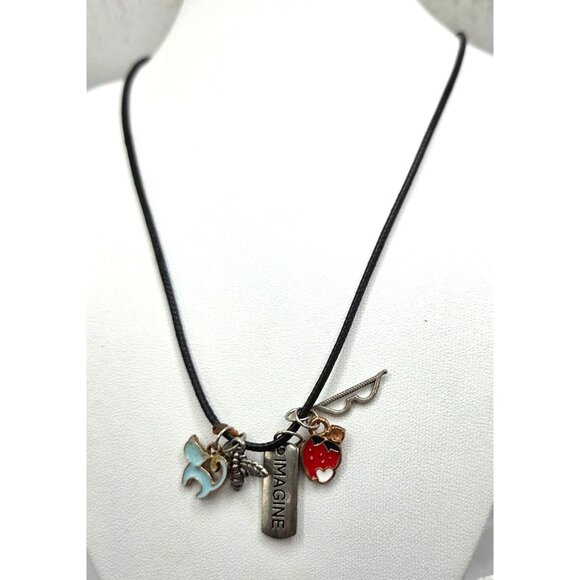 Black Cord Necklace W/ Silver "Imagine" Tag Charms Of Dove Bee Strawberry - Picture 1 of 2